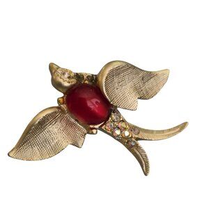 1960s Jelly Belly Bird Brooch Gold-Tone Red Cabochon Missing Rhinestone & Eye